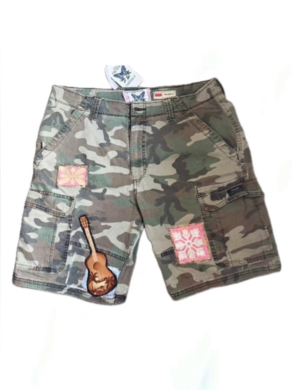Upcycled Camo Cargo Shorts with Hawai’i Patchwork Accents